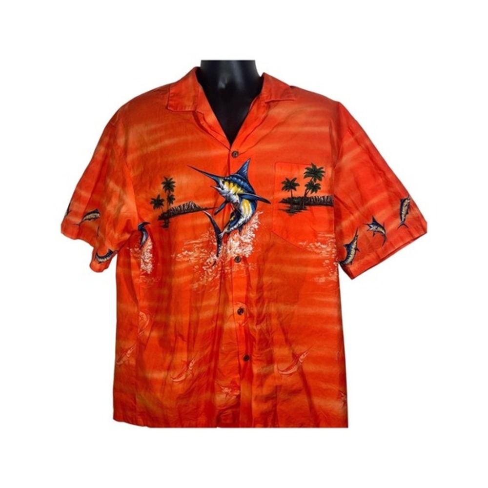 KY'S Hawaiian Shirt Orange Marlin Fish Palm Tree Button Up Made in Hawaii‎ XL